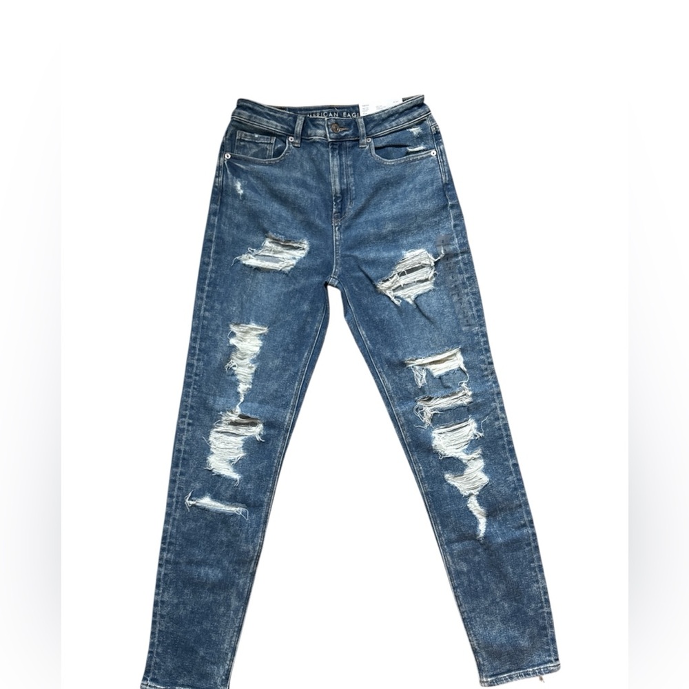 NWT AMERICAN EAGLE AE WOMEN’S STRETCH RIPPED MOM BLUE JEANS SIZE 2 LONG (26 w)